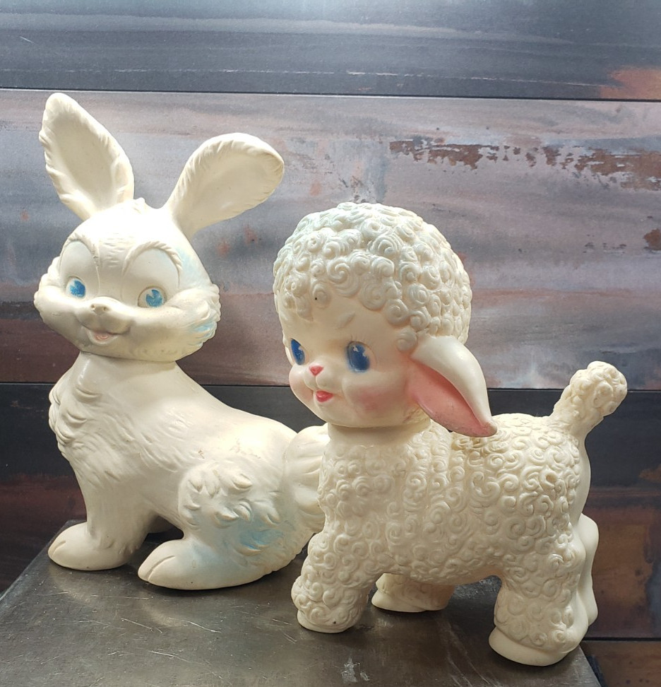 Vintage Rubber Squeak Toys Bunny Rabbit Lamb Lot 1950s 60s Nursery Kitsch