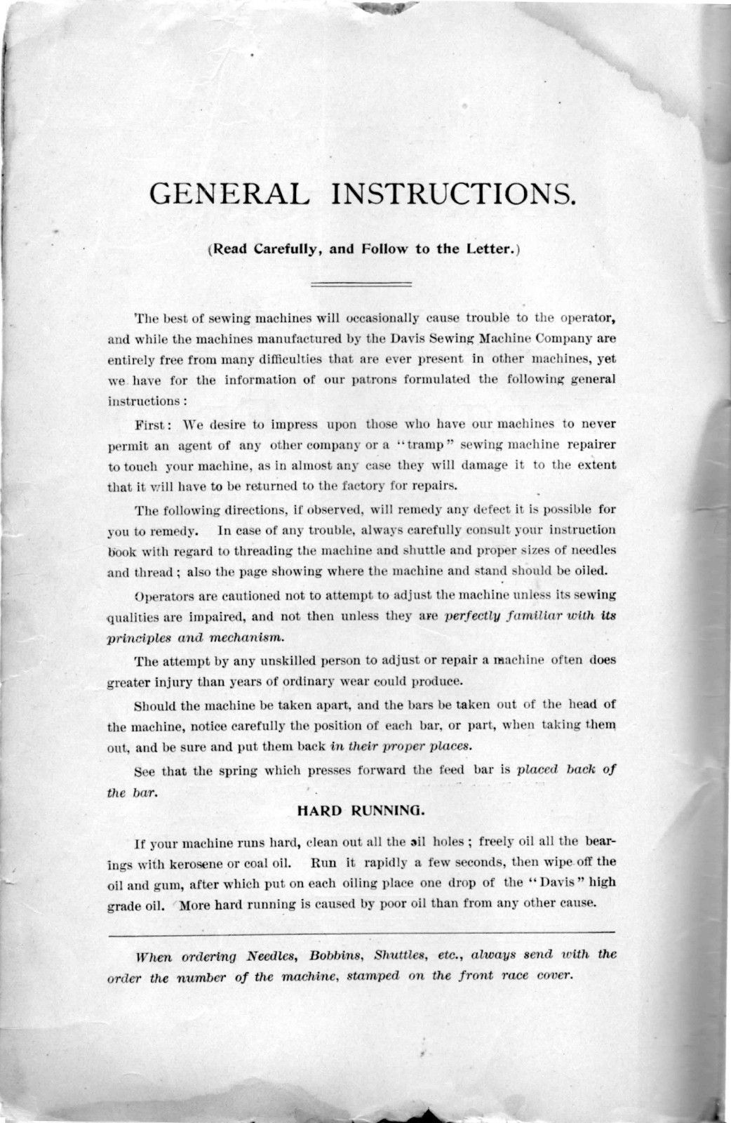 DAVIS Vertical Feed Sewing Machine Instruction Manual BIND – FRONT & BACK