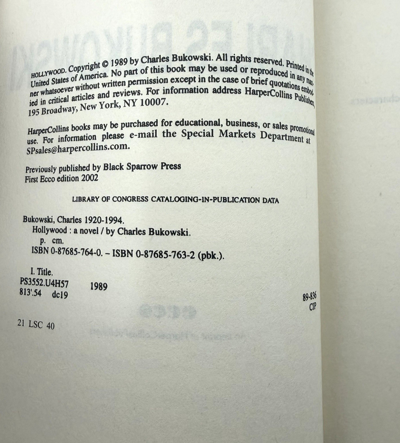 HOLLYWOOD Charles Bukowski Ecco 2002 PB