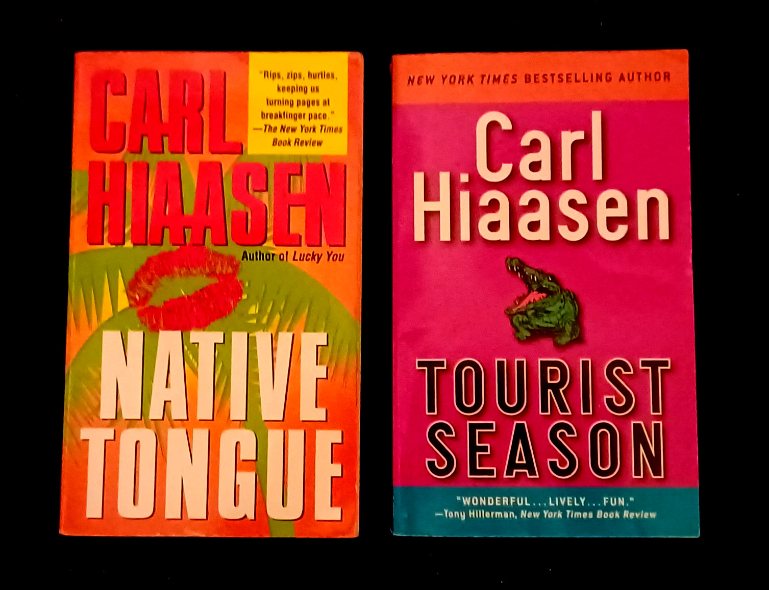 2 Carl Hiaasen novels-Tourist Season/Native Tongue-paperbacks-free shipping