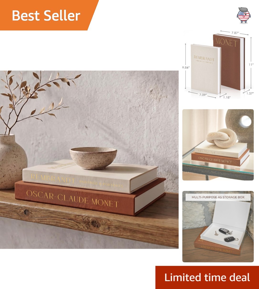 Elegant Set of 2 Faux Linen Decorative Books in Camel-Beige with Storage