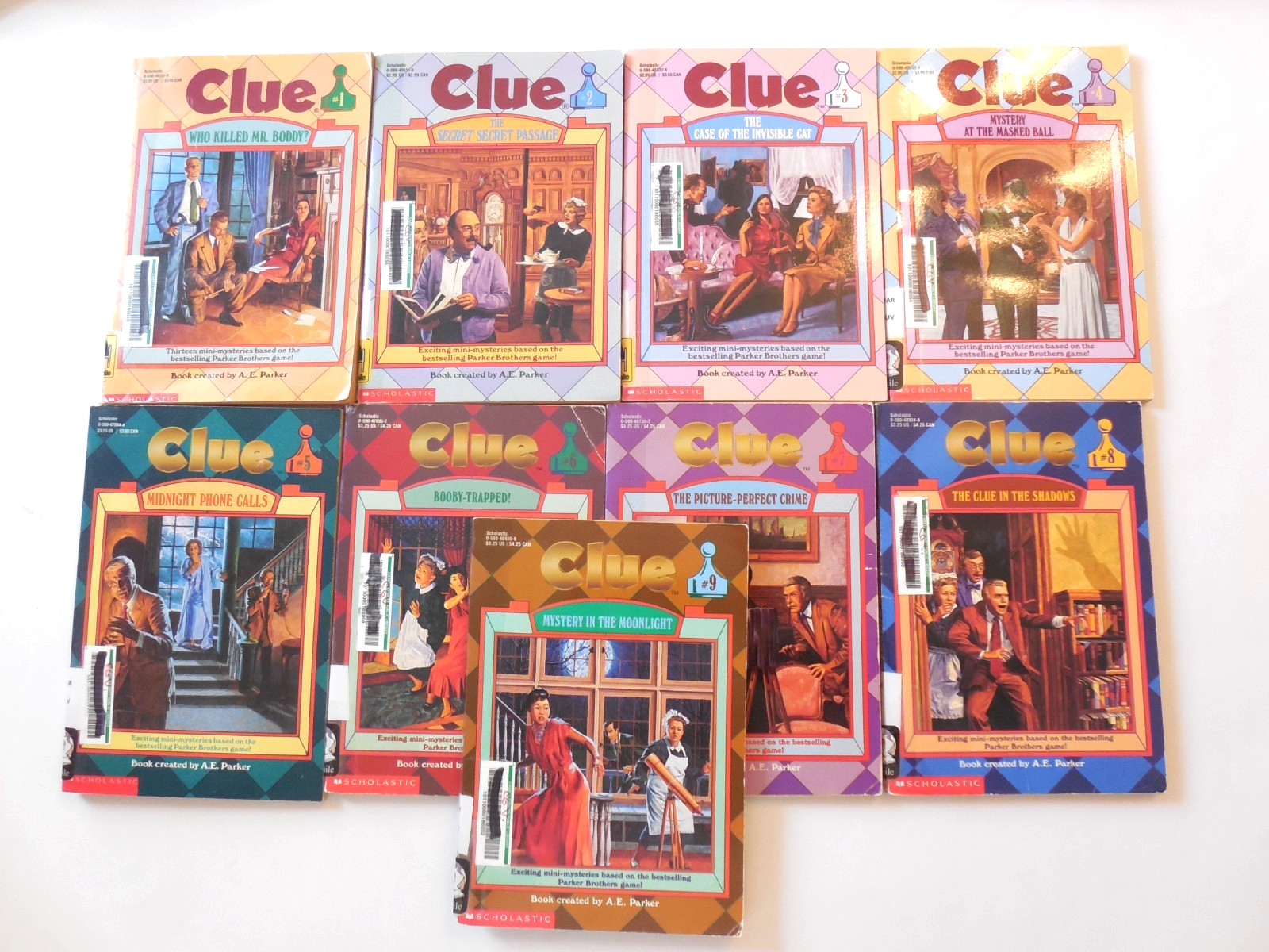 Lot of 9 Clue Mystery Books by A. E. Parker Volumes 1-9 PB 1990s – Ex-Library