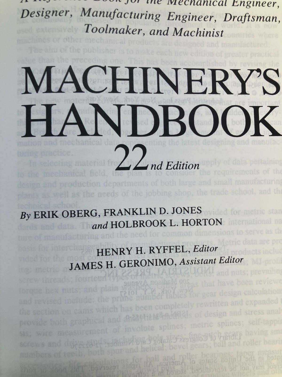 Machinery’s Handbook 22nd Edition Hardbound – No Thumbnail Index