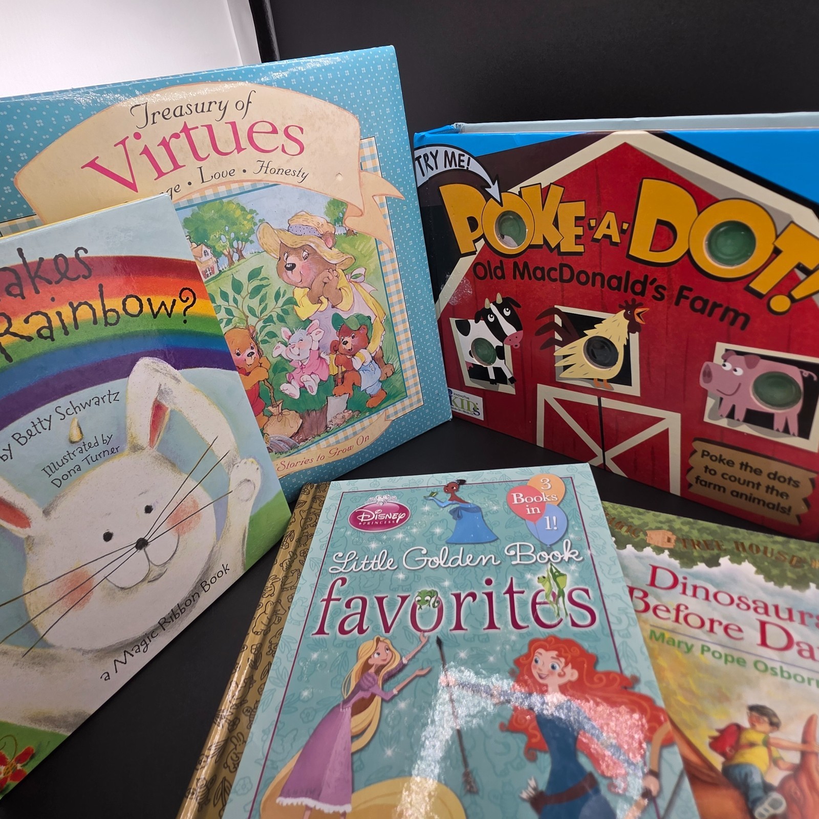 Assorted 5 Kids Book Lot Poke-A-Dot Magic Tree House Disney Preowned Good