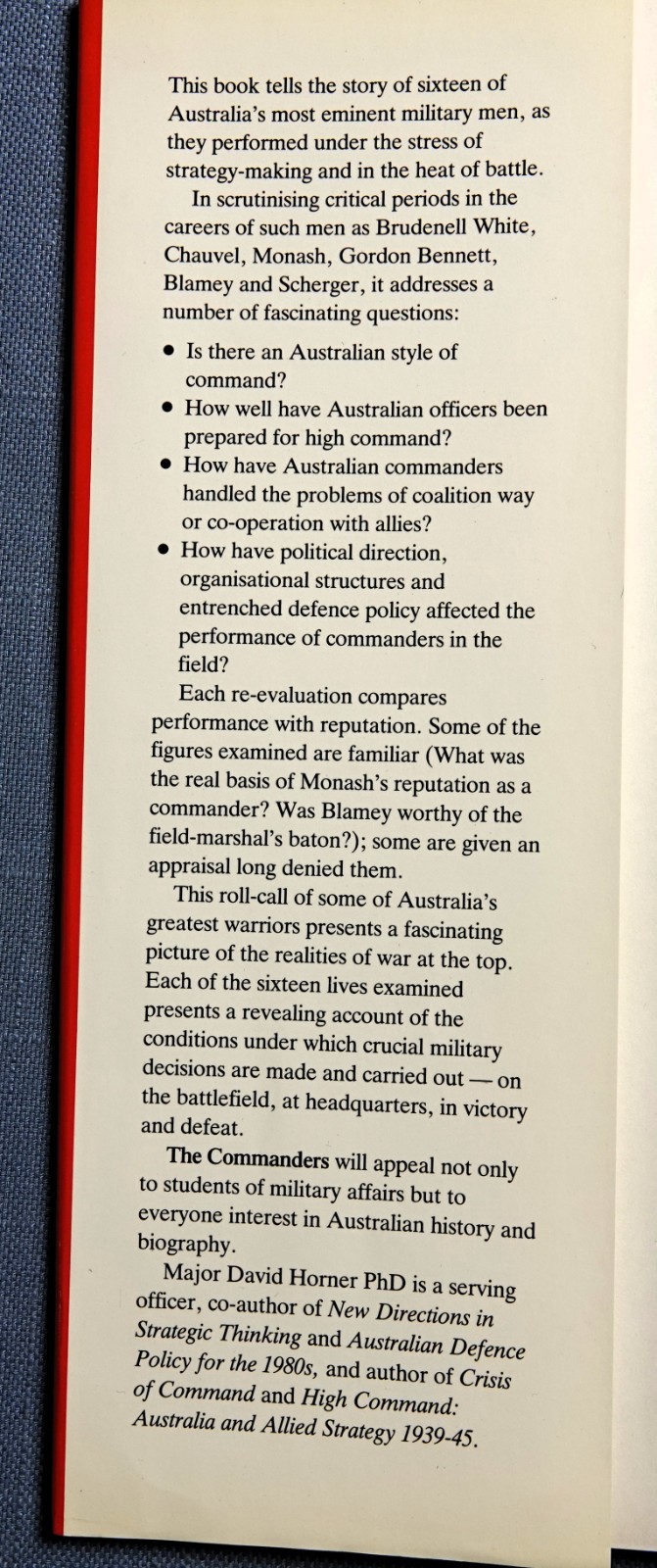 Commanders : Australian Military Leadership in 20th Century by D. M. Horner hc/d