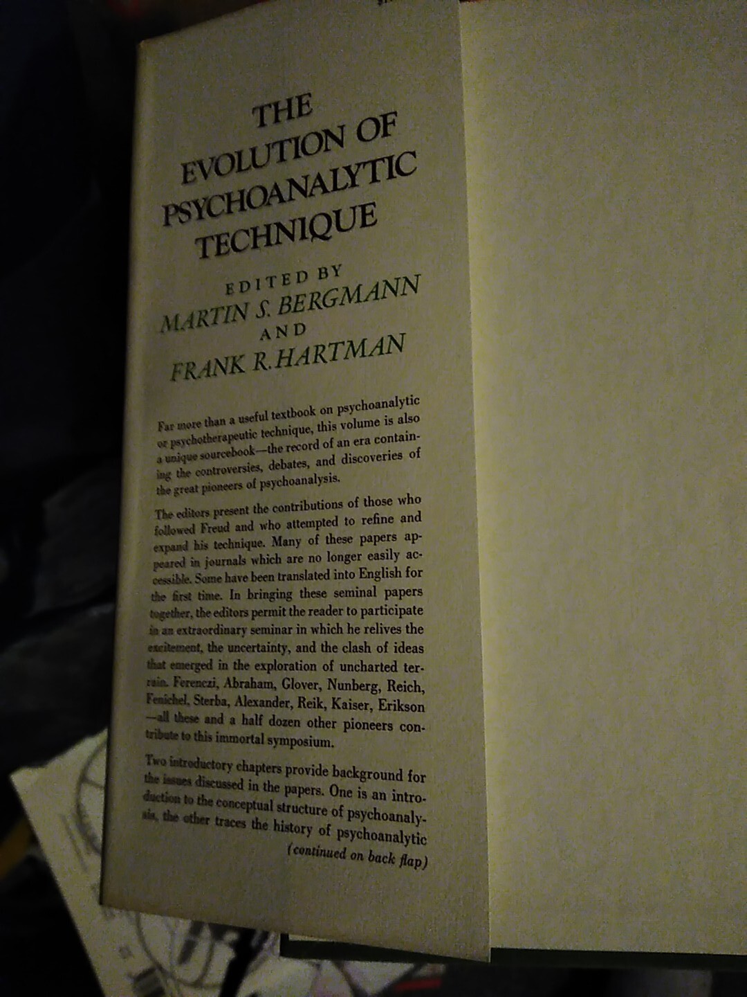 THE EVOLUTION OF PSYCHOANALYTIC TECHNIQUE By Martin S. Bergmann & Frank R. VG