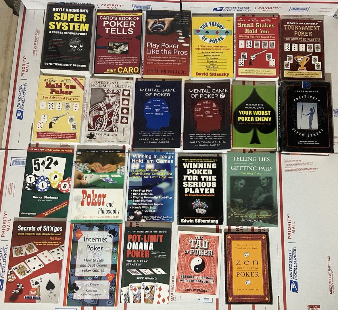 Lot of 22 Poker Books W/ Brunson, Sklansky, Hellmuth, Miller -Clean Great Titles