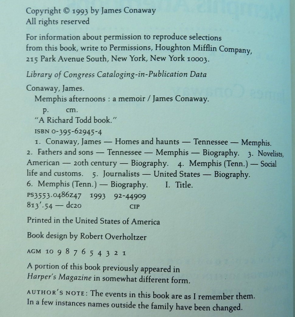 Memphis Afternoons: Memoir SIGNED James Conaway. First Edition Midtown Memories