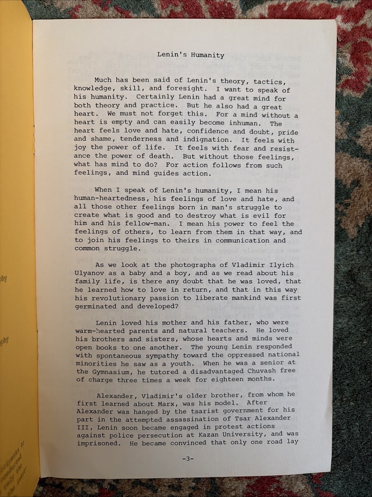 Lenin’s Humanity Presented By Prof. Howard L Parsons Symposium On Lenin 1970 NYC