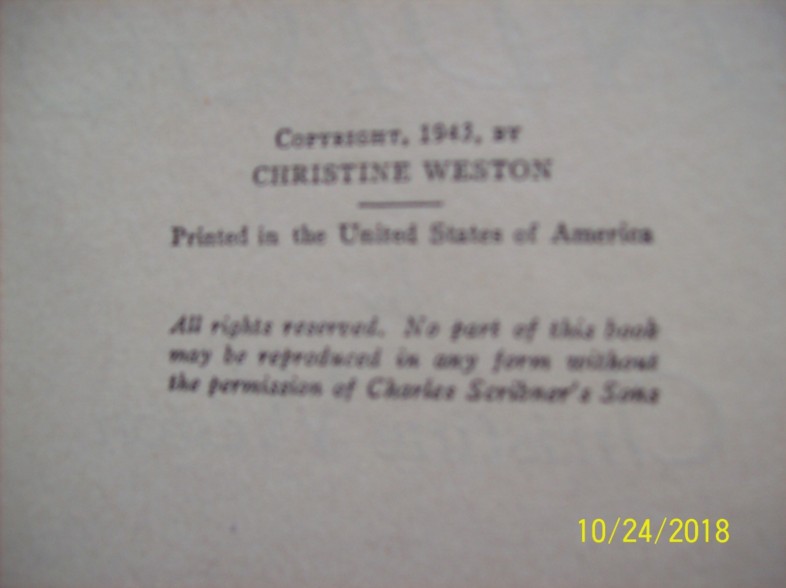 Indigo -Christine Weston- Charles Scribner’s & Sons-1943- Hardcover-374 Pages.