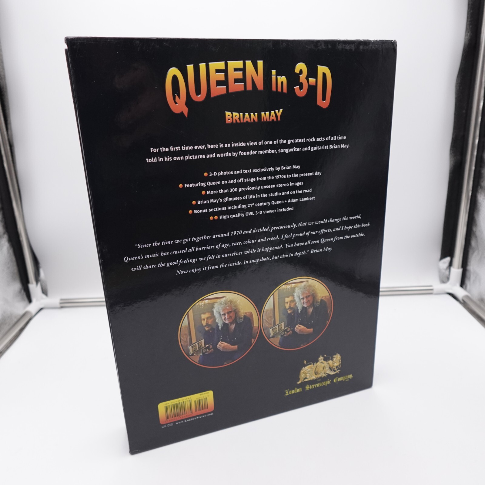 Queen in 3-D by Brian May Stereoscopic Viewer Owl & Hardcover Book Slipcased Set
