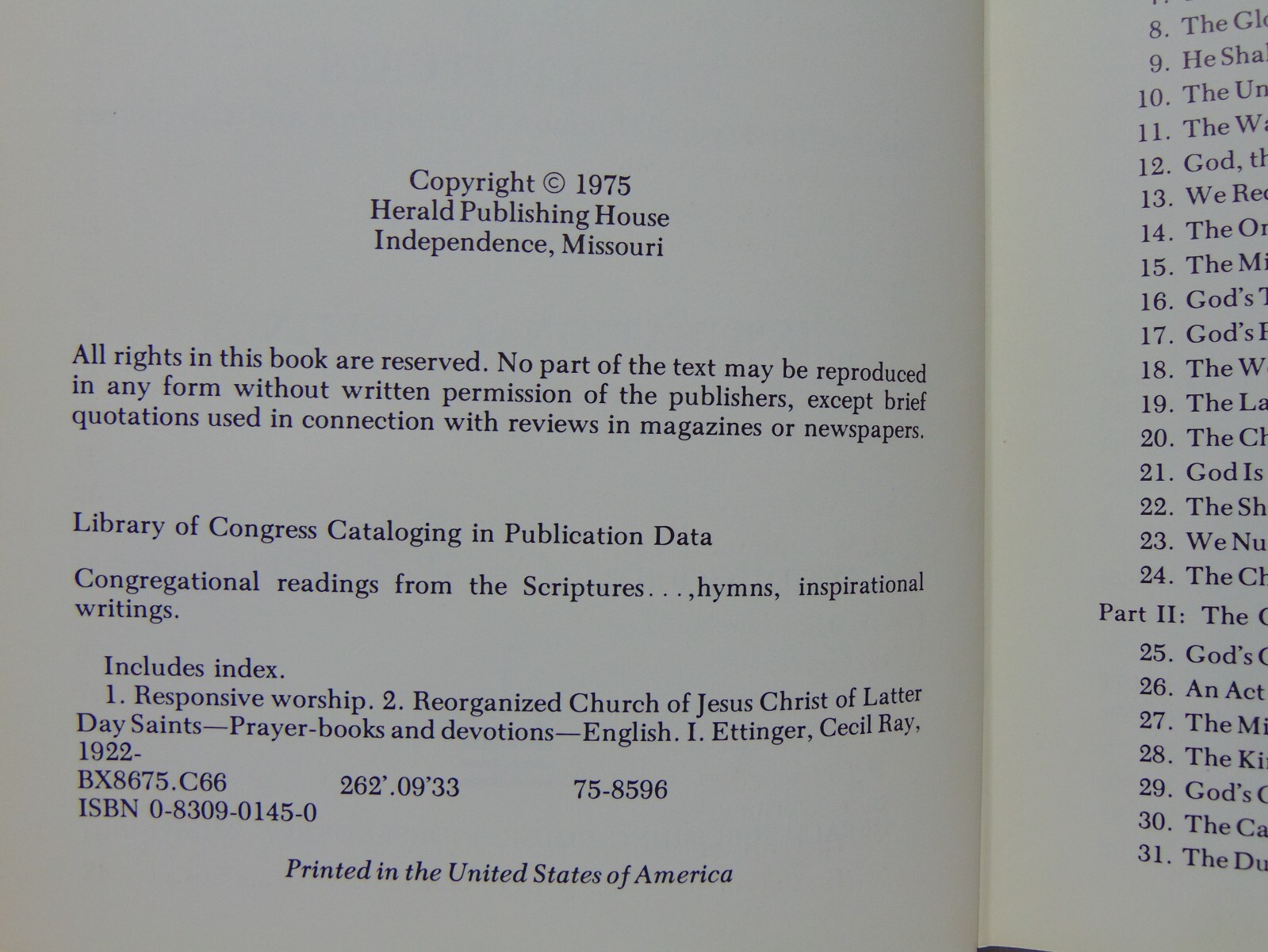Congregational Readings From The Scriptures Cecil R. Ettinger (1975, HC) LDS