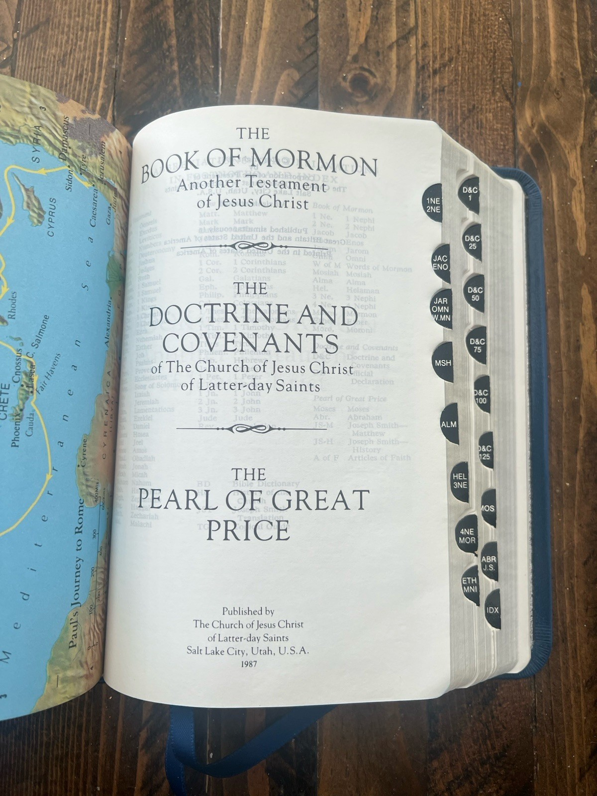 1987 LDS Quad Scriptures Blue Leather 7-1/2 X 5-1/2” Indexed
