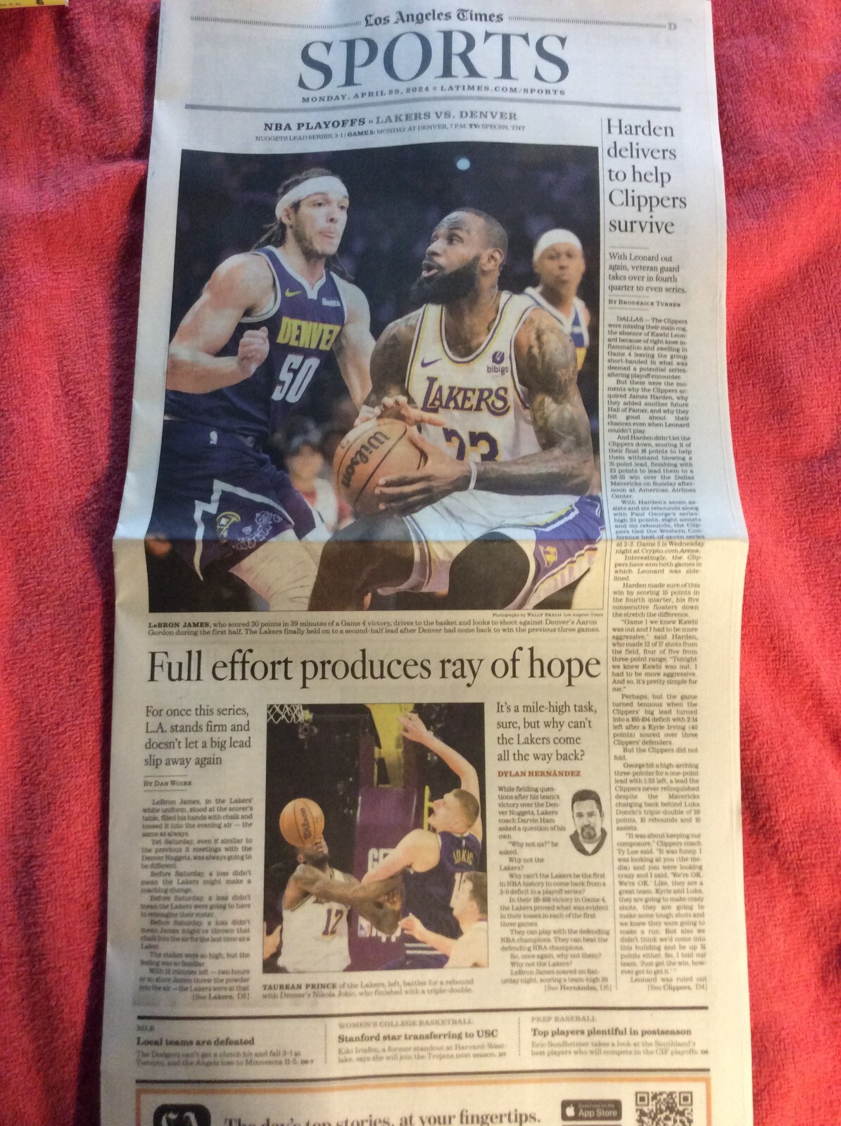 LA TIMES SPORTS SECTION APRIL 29 2024 NBA PLAYOFFS LAKERS DENVER LEBRON JAMES