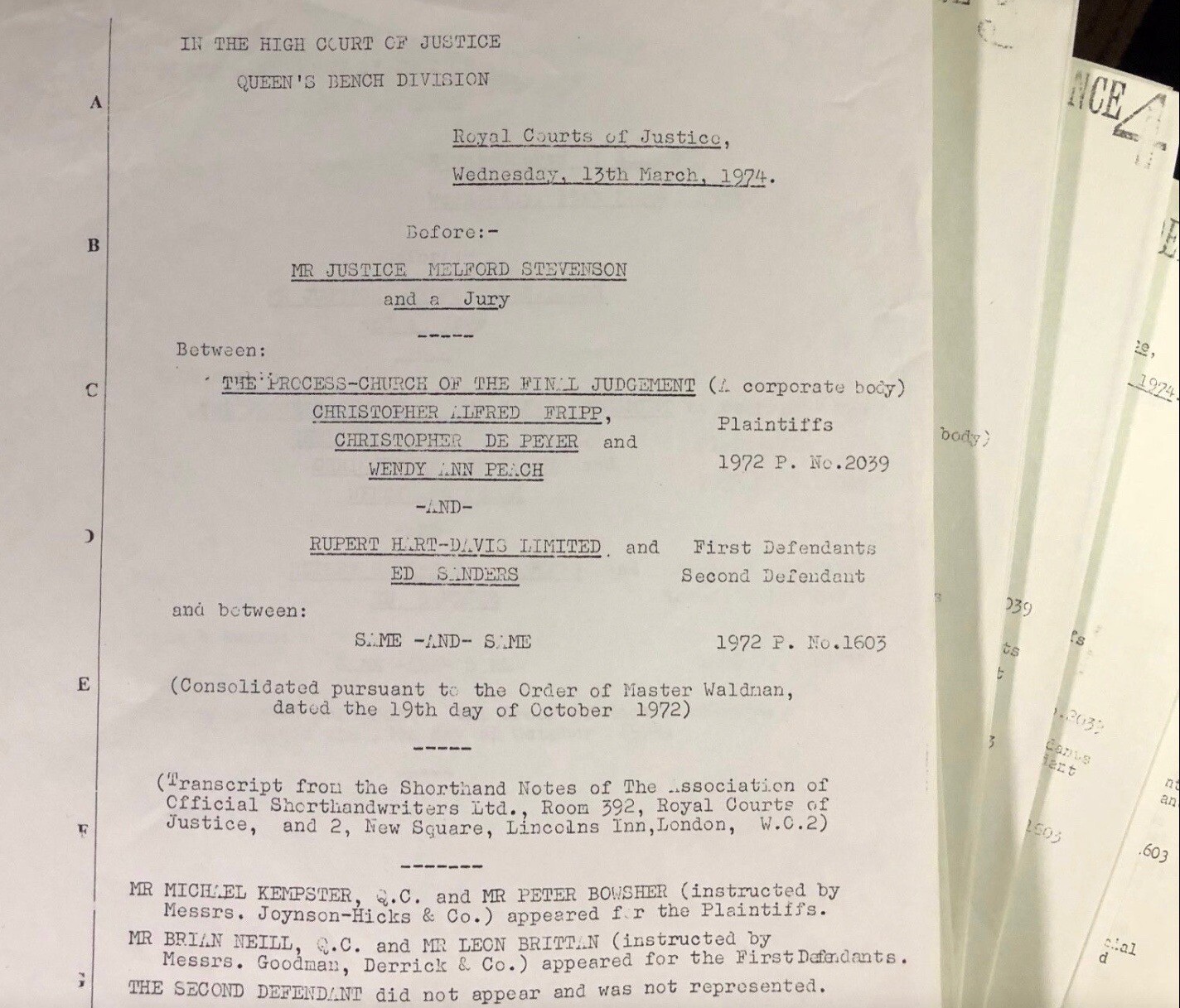 THE PROCESS CHURCH OF THE FINAL JUDGEMENT COURT TRANSCRIPT OVER 387 PAGES, 1974