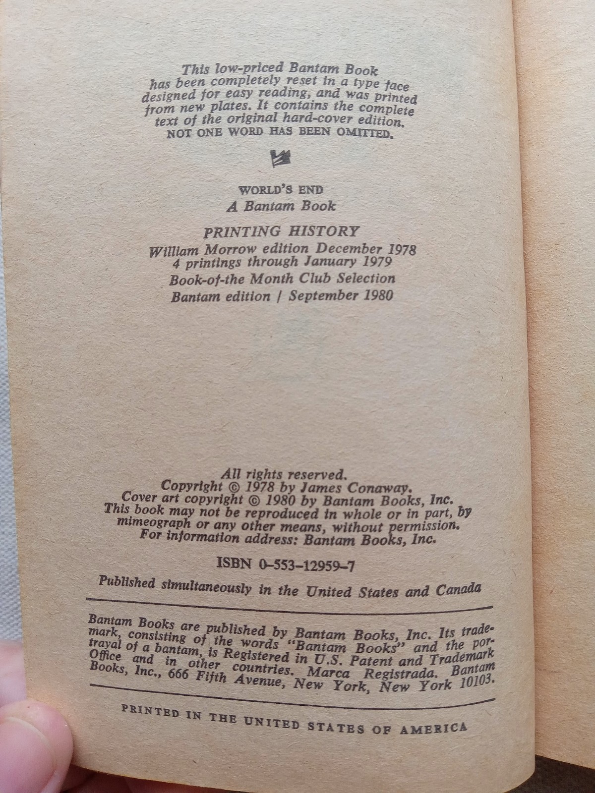 World’s End James Conaway 1980 Bantam Edition Crime Drama Novel