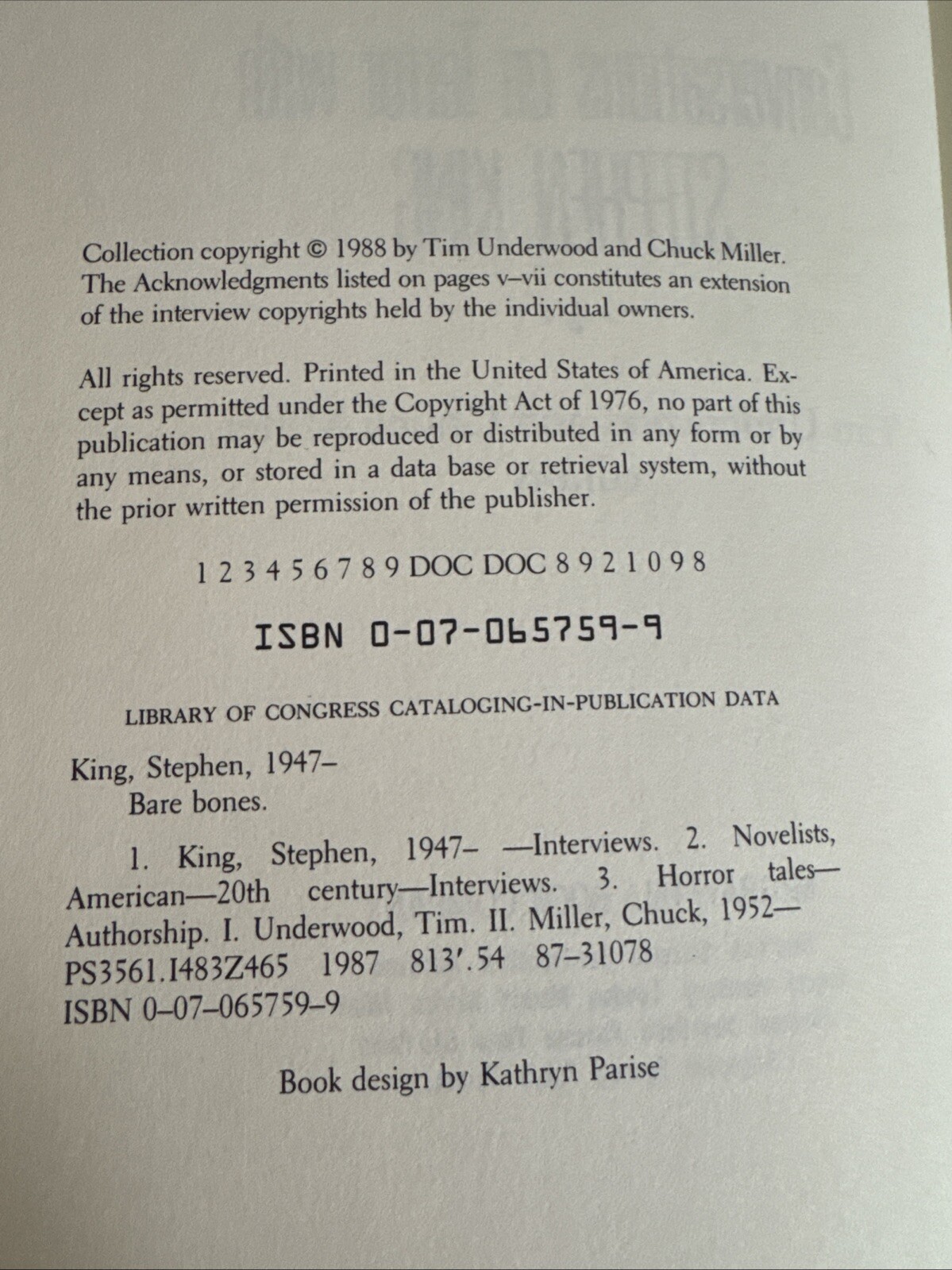 Bare Bones: Conversations on Terror with Stephen King Hardcover 1988 1st Print