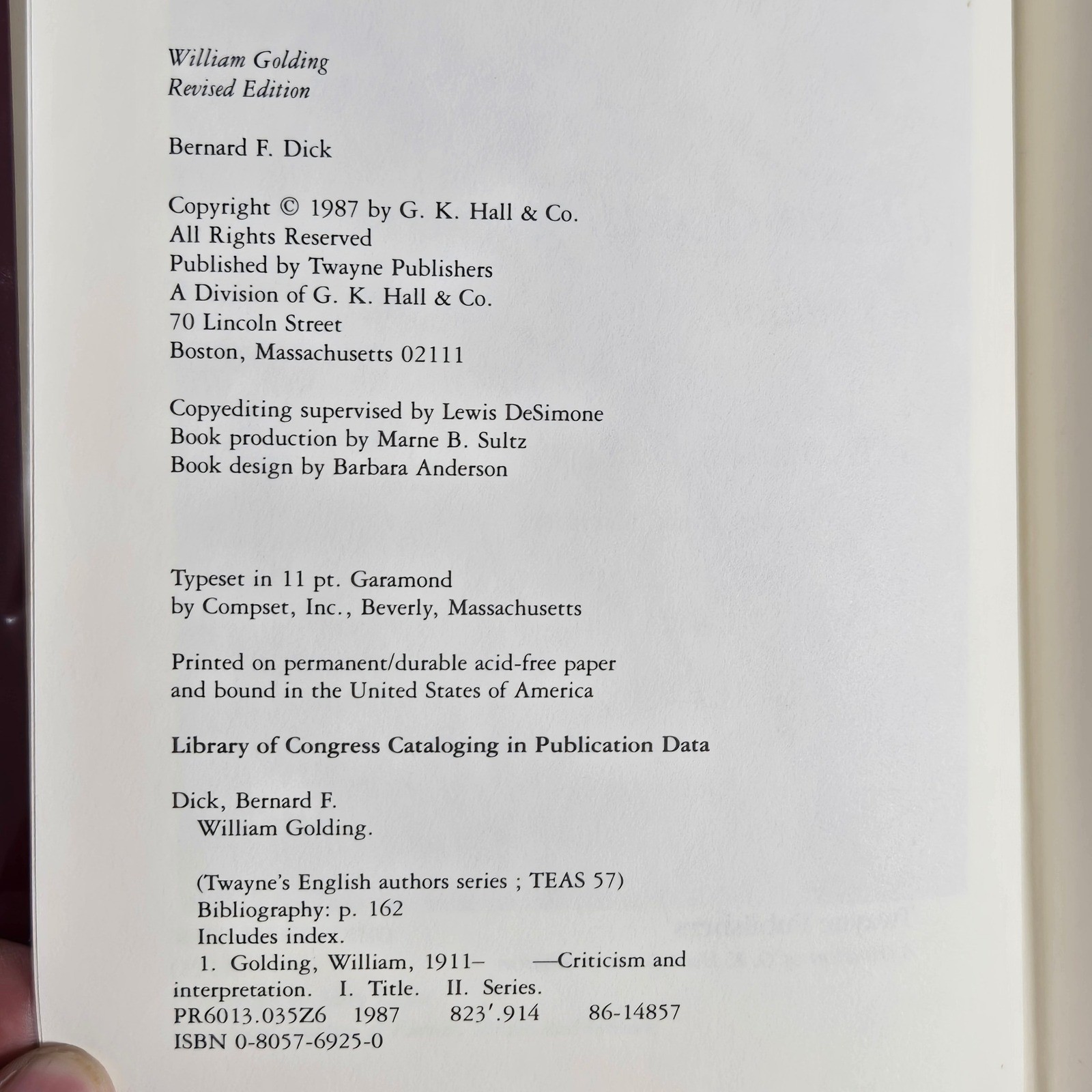 William Golding Bernard F Dick Twayne English Authors Series Book