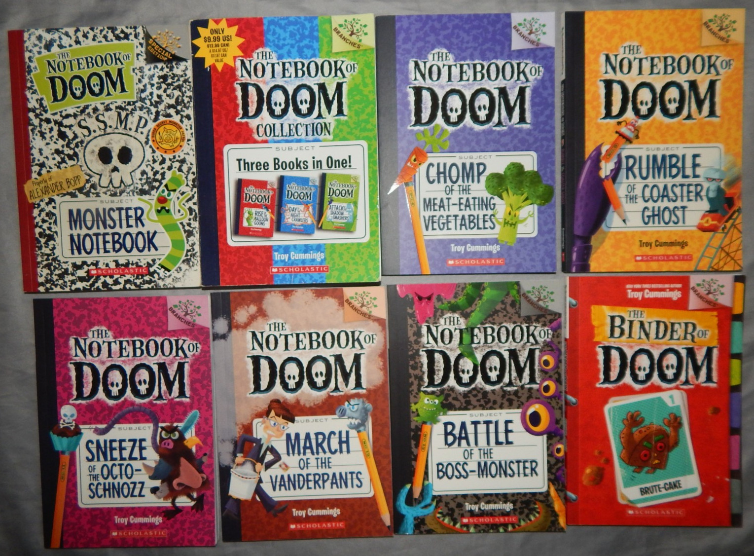 8 BRANCHES kids books lot notebook + binder of doom 10 stories by troy cummings