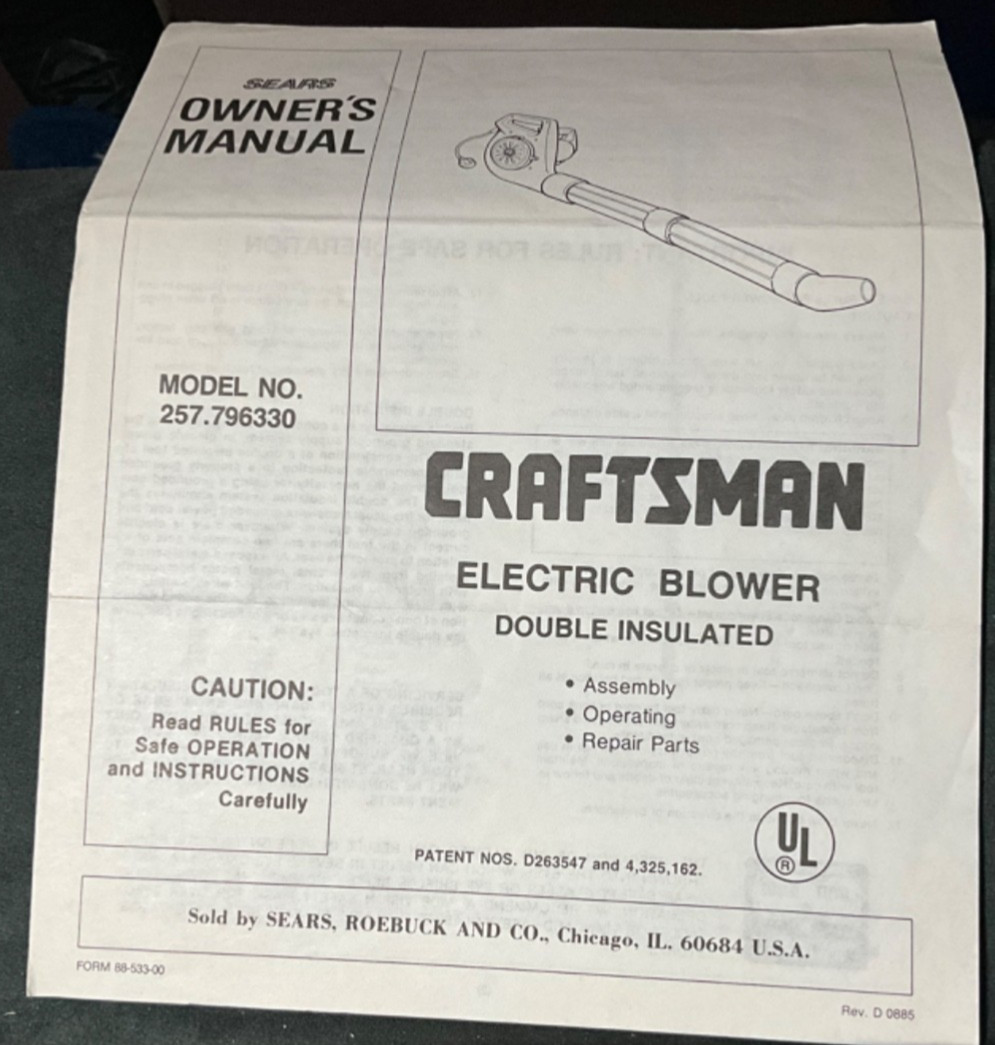Sears Craftsman 257.796330 Electric Blower Double Insulated GUC Parts Breakdown