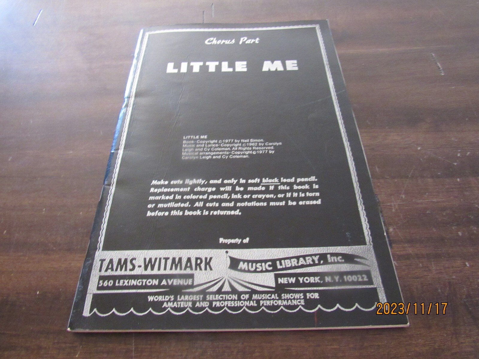Little Me-Neil Simon-1977-Chorus Part-Song Sheet Music Book-Tams-Witmark Library