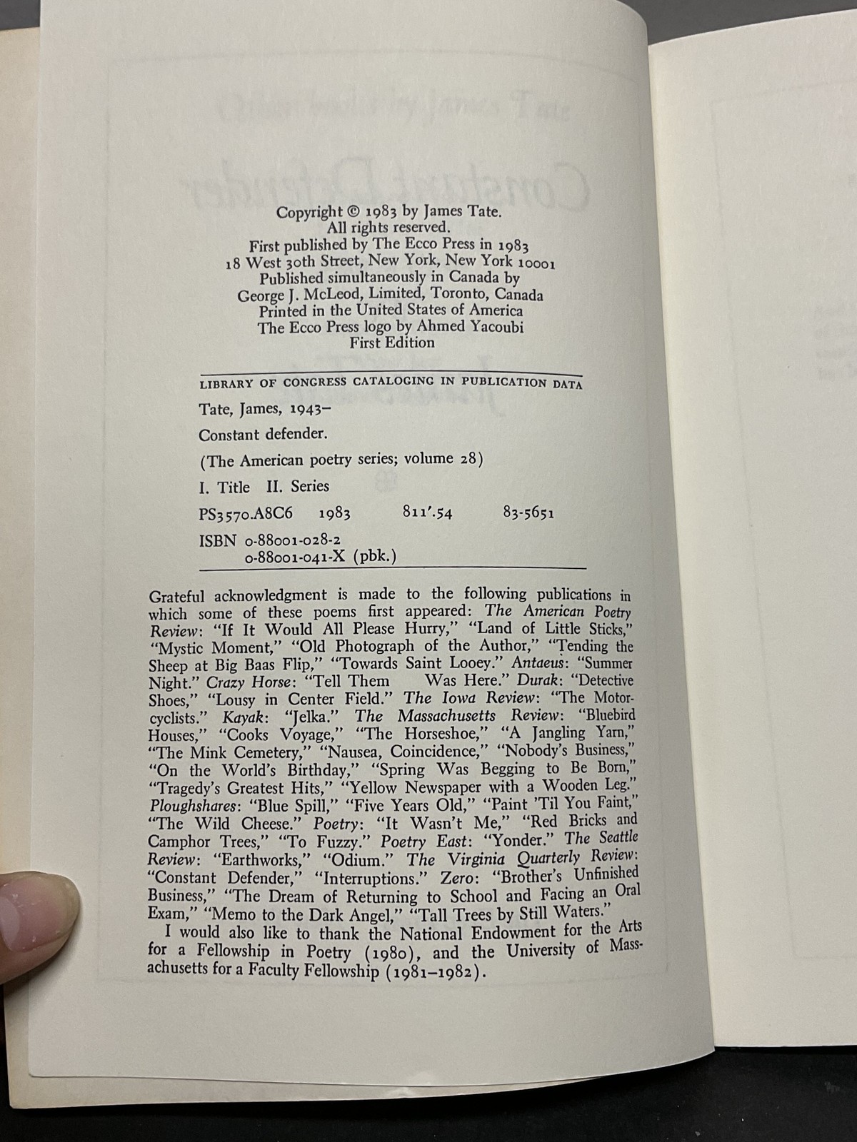 Constant Defender by James Tate – First Edition 1983 – Ecco Press Poetry