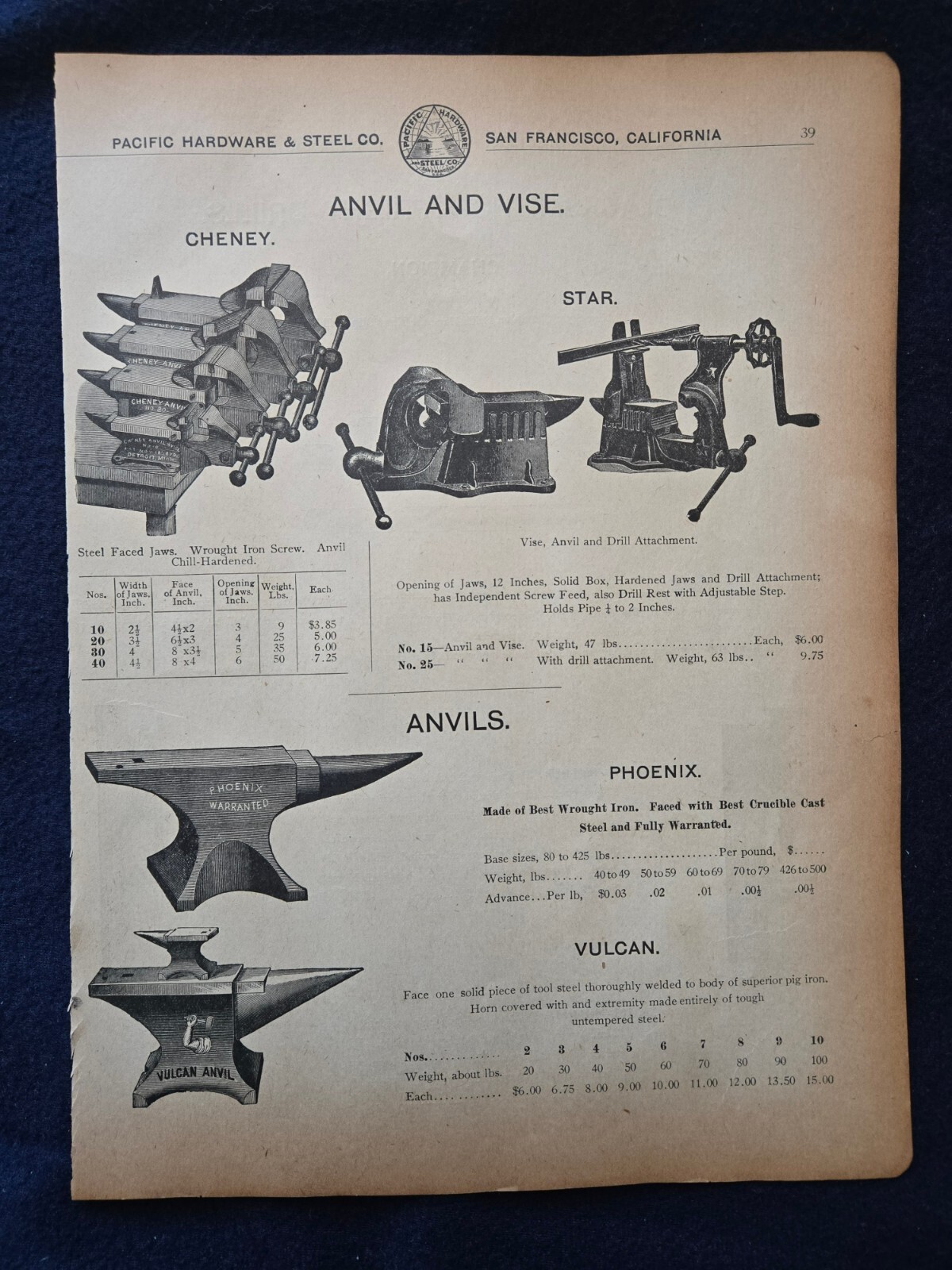 PACIFIC HARDWARE AND STEEL CO Ironworker Anvils Vice Blacksmith Drills 1890-1900
