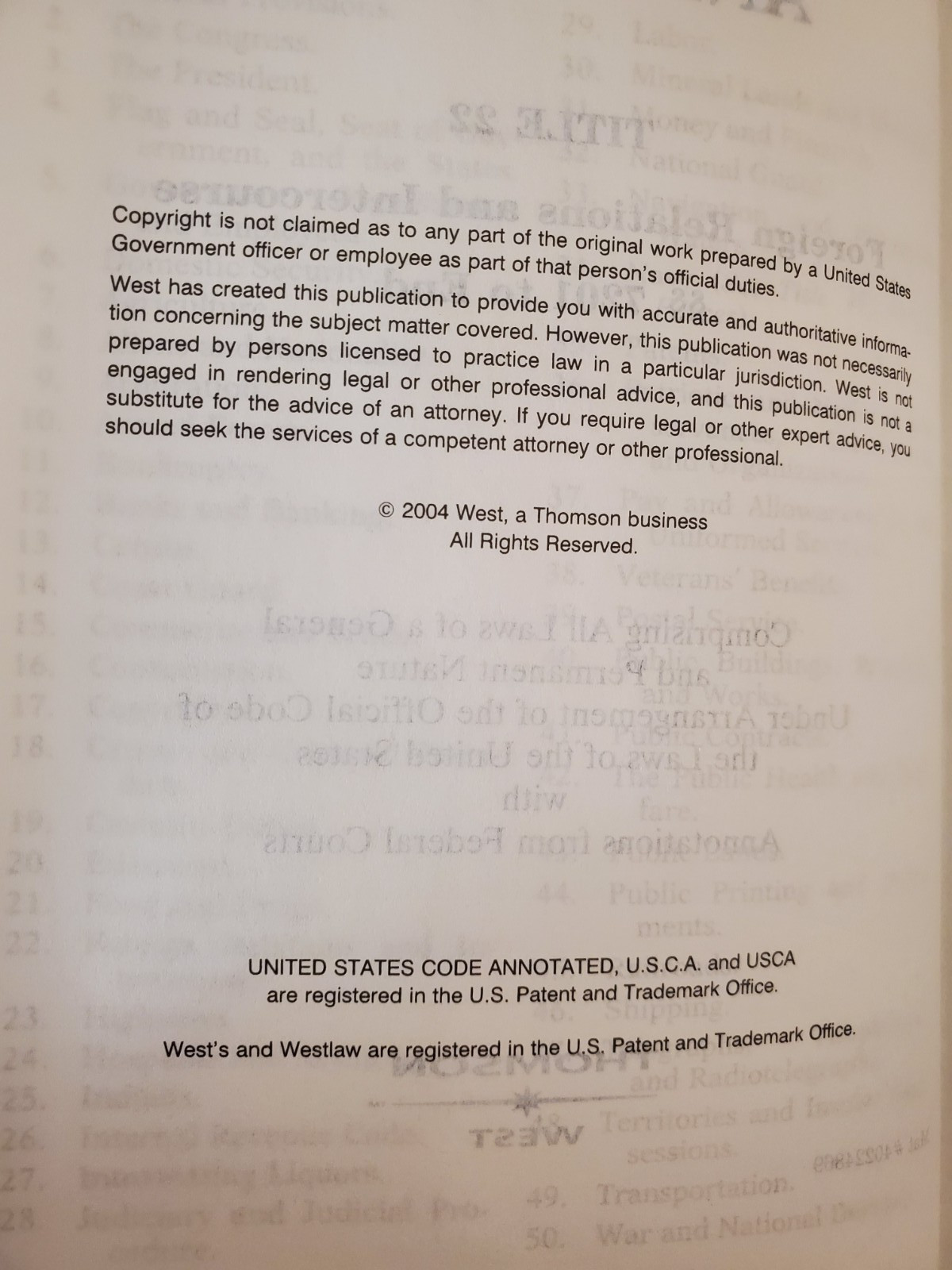 United States Code Annotated 22 & 7201 to end Foreign Relations Intercourse 2004