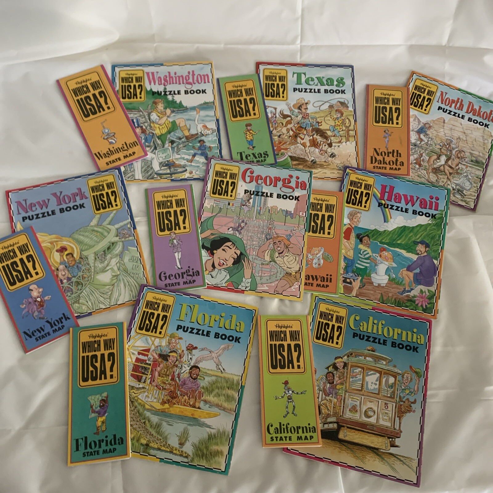 Highlights Which Way USA? State Puzzle Activity Book & Map Lot of 8 Home School