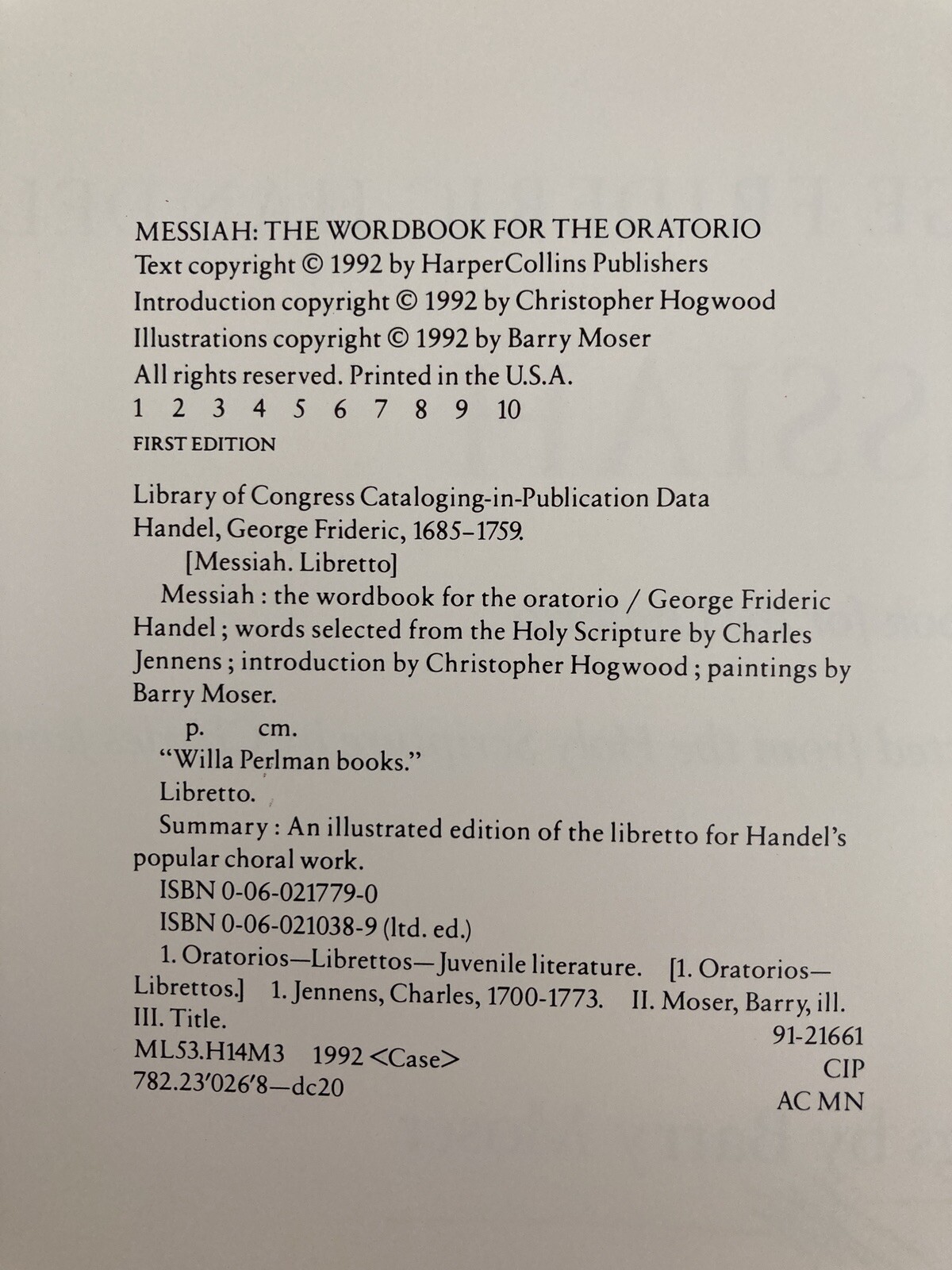 *Signed* Handel’s Messiah : Workbook for the Oratorio – illus. by Barry Moser