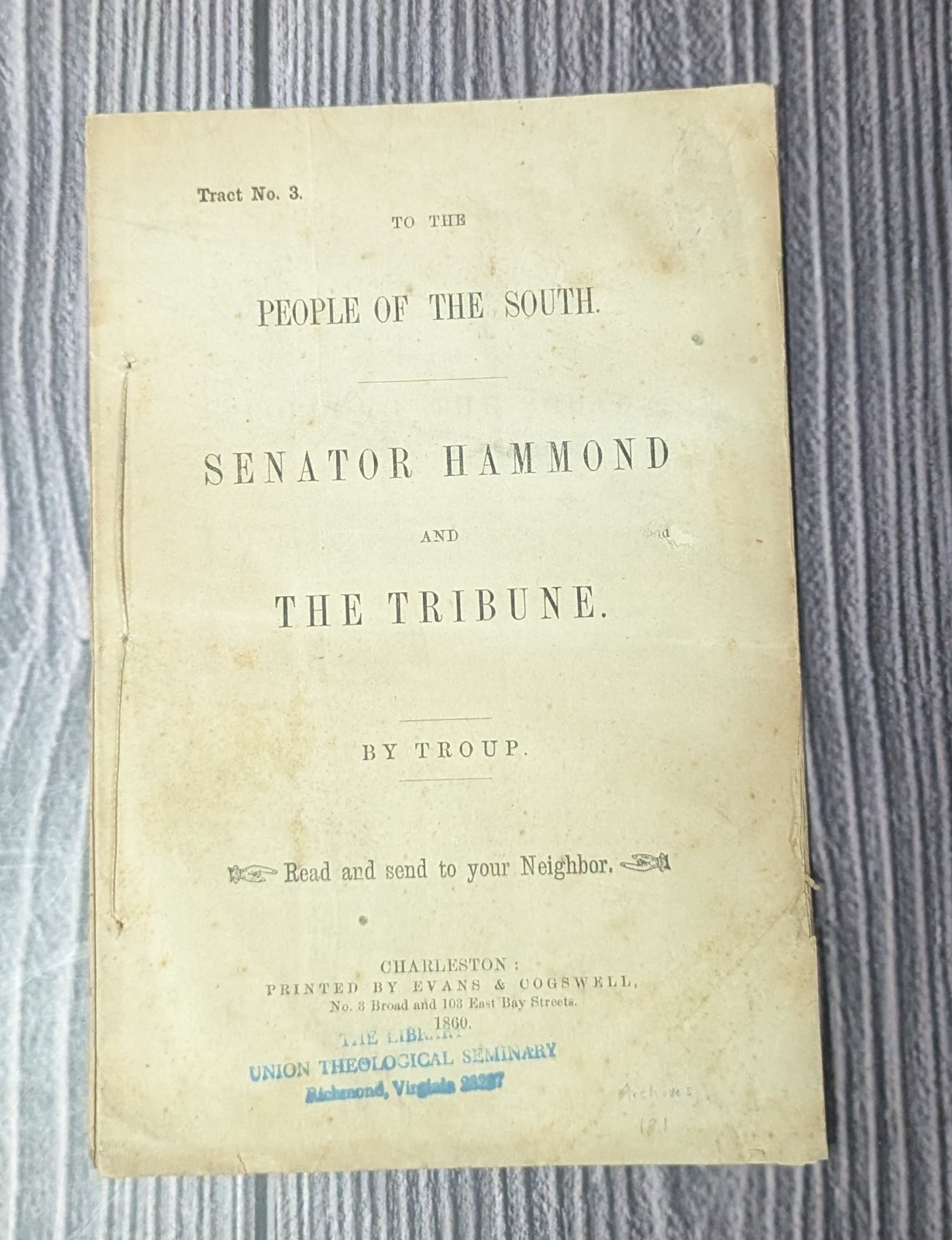 To the People of the South – Senator Hammond 1860 – rare slavery Civil War tract