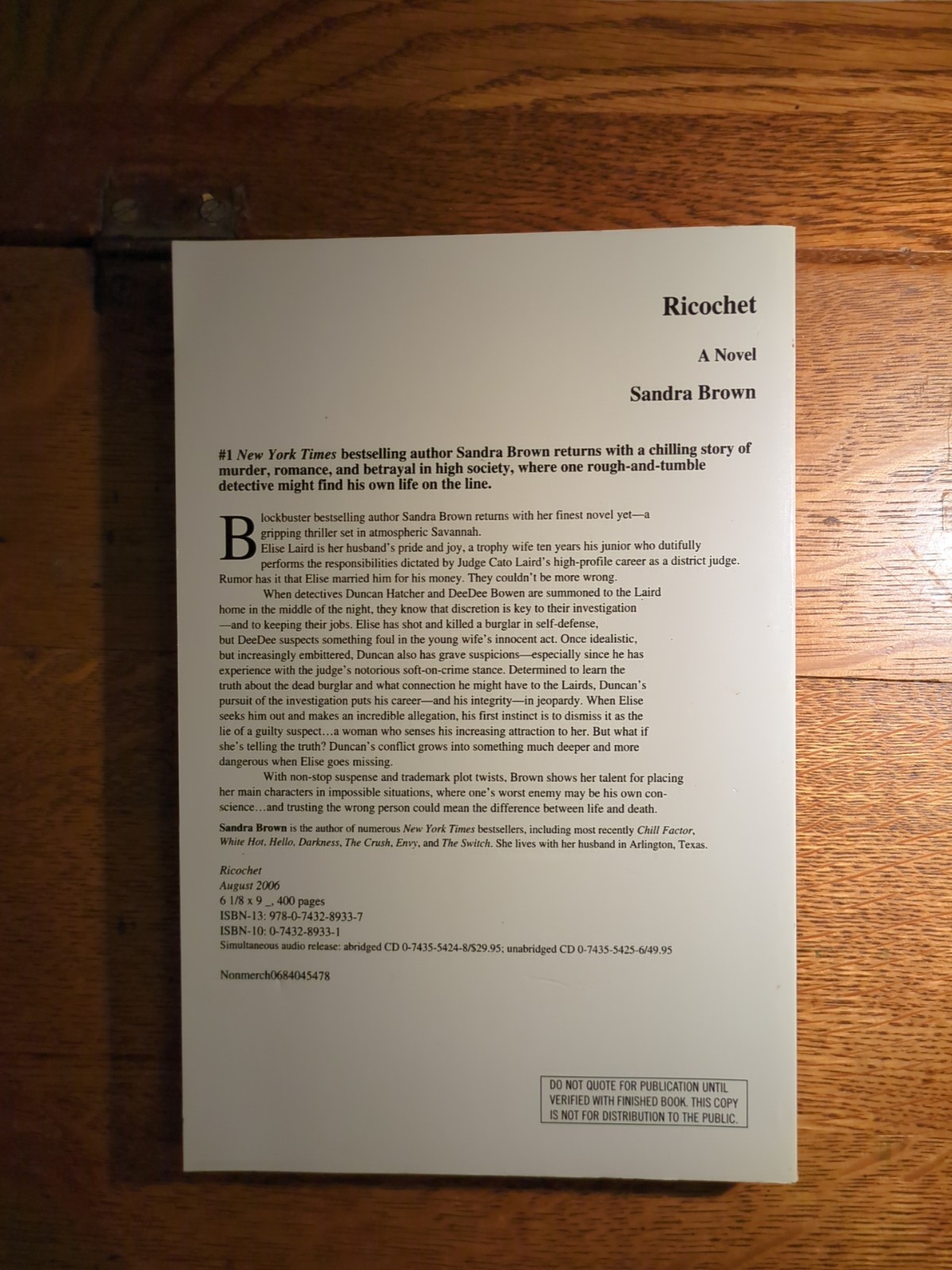 Ricochet by Sandra Brown Advance Uncorrected Reader’s Proof
