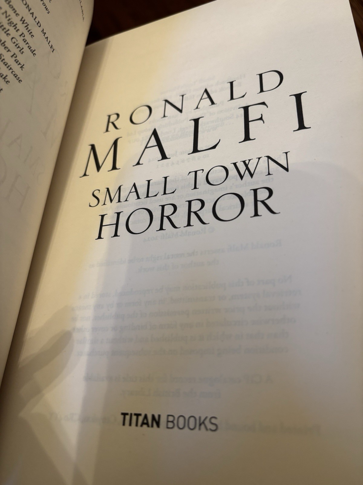 Small Town Horror. Ronald Malfi 1st HC Ptg. Titan Books 2024 Fine Unread