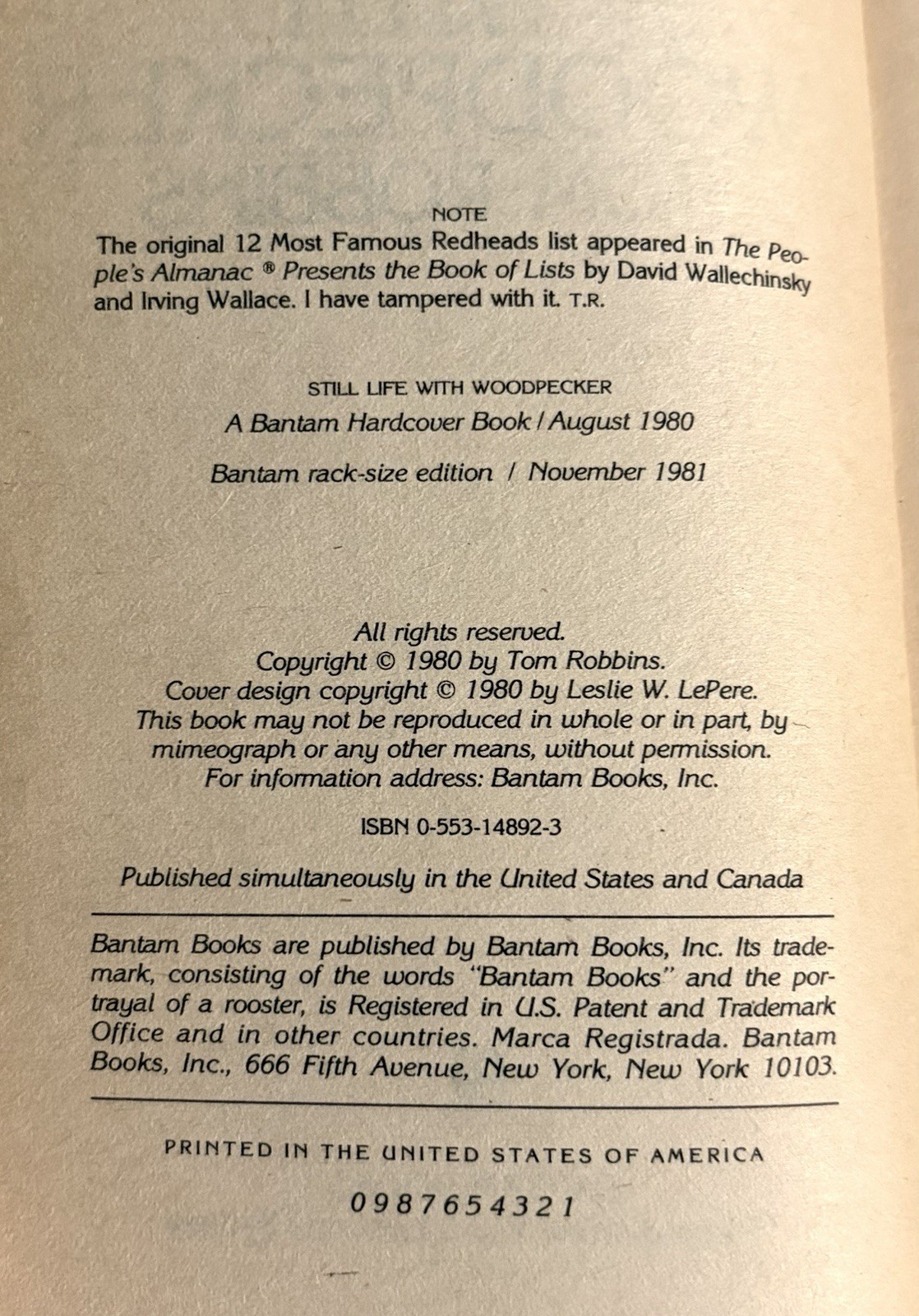 Still Life with Woodpecker by Tom Robbins (1981 1st Print Paperback)