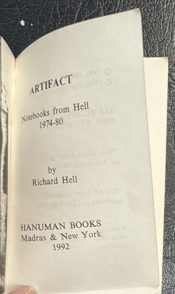 Artifact by Richard Hell Notebooks from Hell 1974-80 Hanuman Books # 37 1992