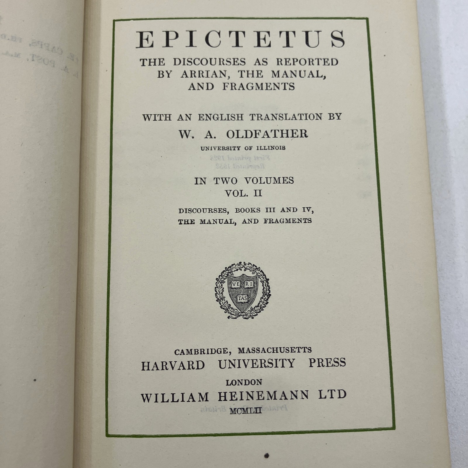 Epictetus Volume II Loeb Classical Library Vintage 1952 Reprint Small Hardcover