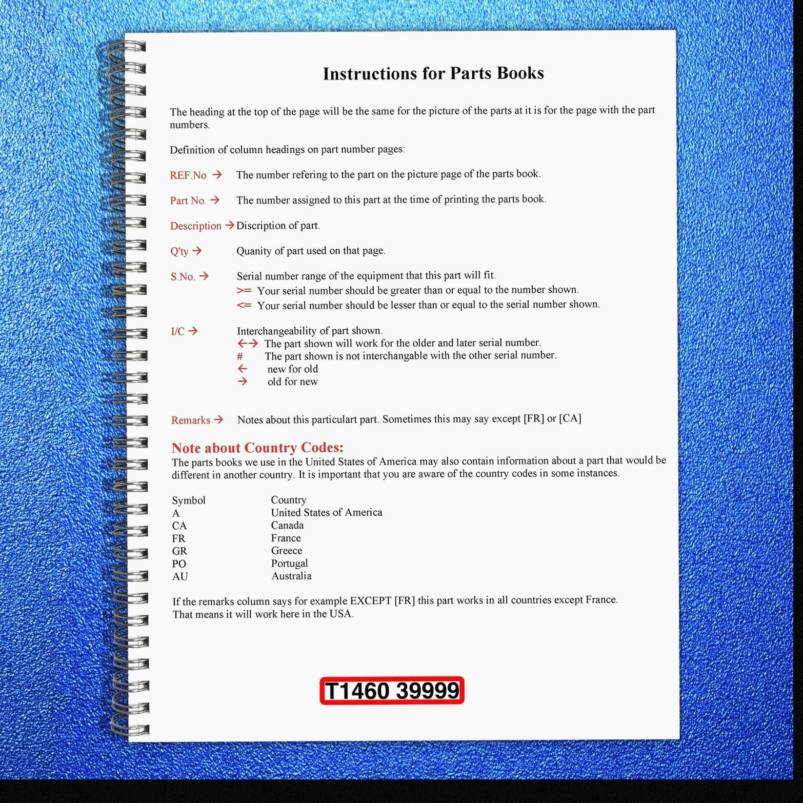 KUBOTA T1460 serial number 39999 and below Parts Manual BINDER – FRONT & BACK
