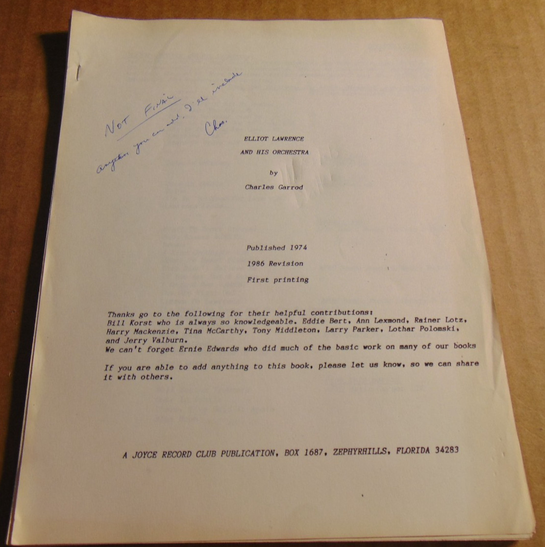 Eliot Lawrence and his Orchestra – signed discography by Charles Garrod 34 pages