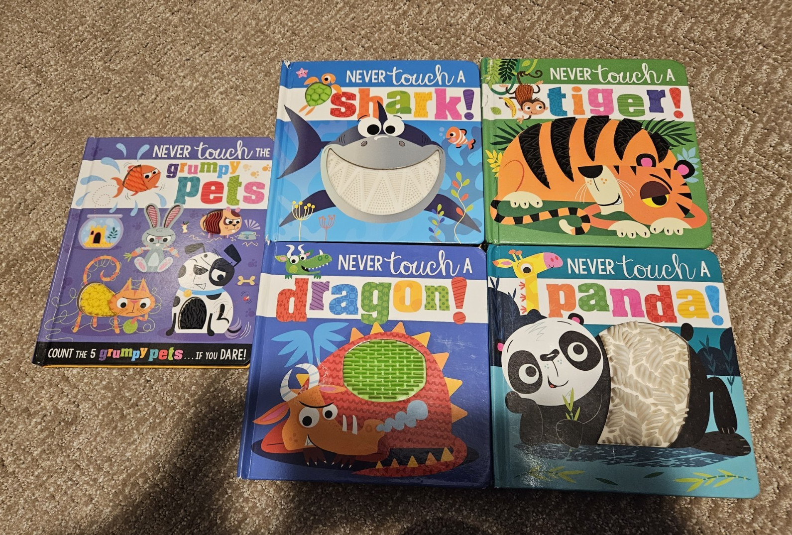 5 Never Touch a… Board Books Lot: Shark, Dragon, Tiger, Panda, Grumpy Pets