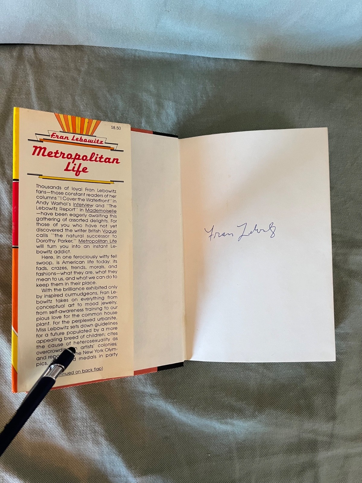 SIGNED copy METROPOLITAN LIFE Fran Lebowitz 1st 1978 ed 3d printing HC DJ