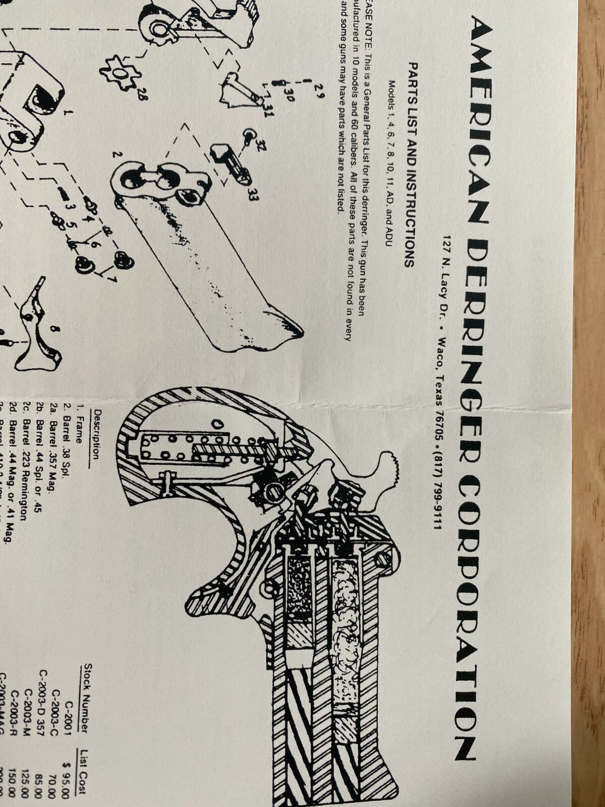 AMERICAN DERRINGER MODELS 1, 4, 6, 7, 8, 10, 11, AD & ADU MANUAL