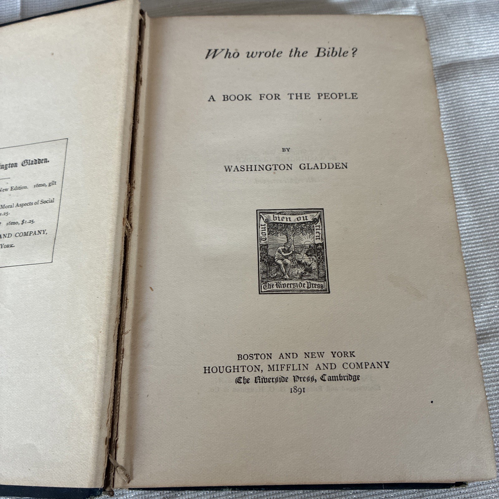 Who Wrote the Bible? by Washington Gladden Hardcover Book 1891 Riverside Press