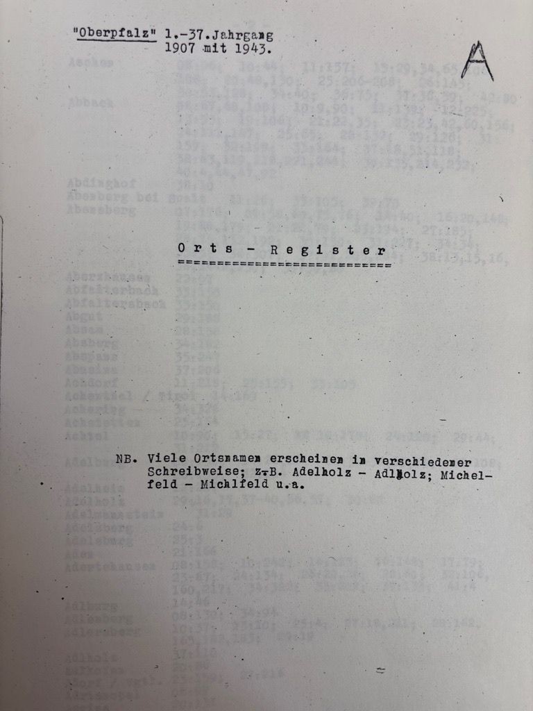 Orts-Register zu “Oberpfalz” 1.- 37.Jahrgang 1907 mit 1943. Registerband I. priv