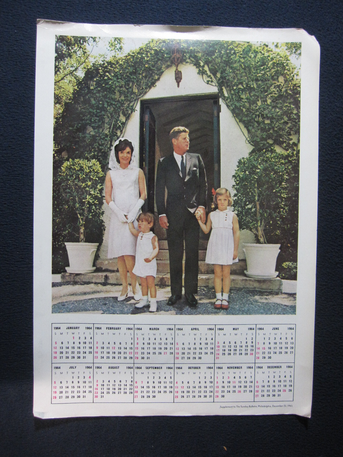 JFK 1964 Calendar about 14 by 10 Inches Supplement to Sunday Bulletin Phila.