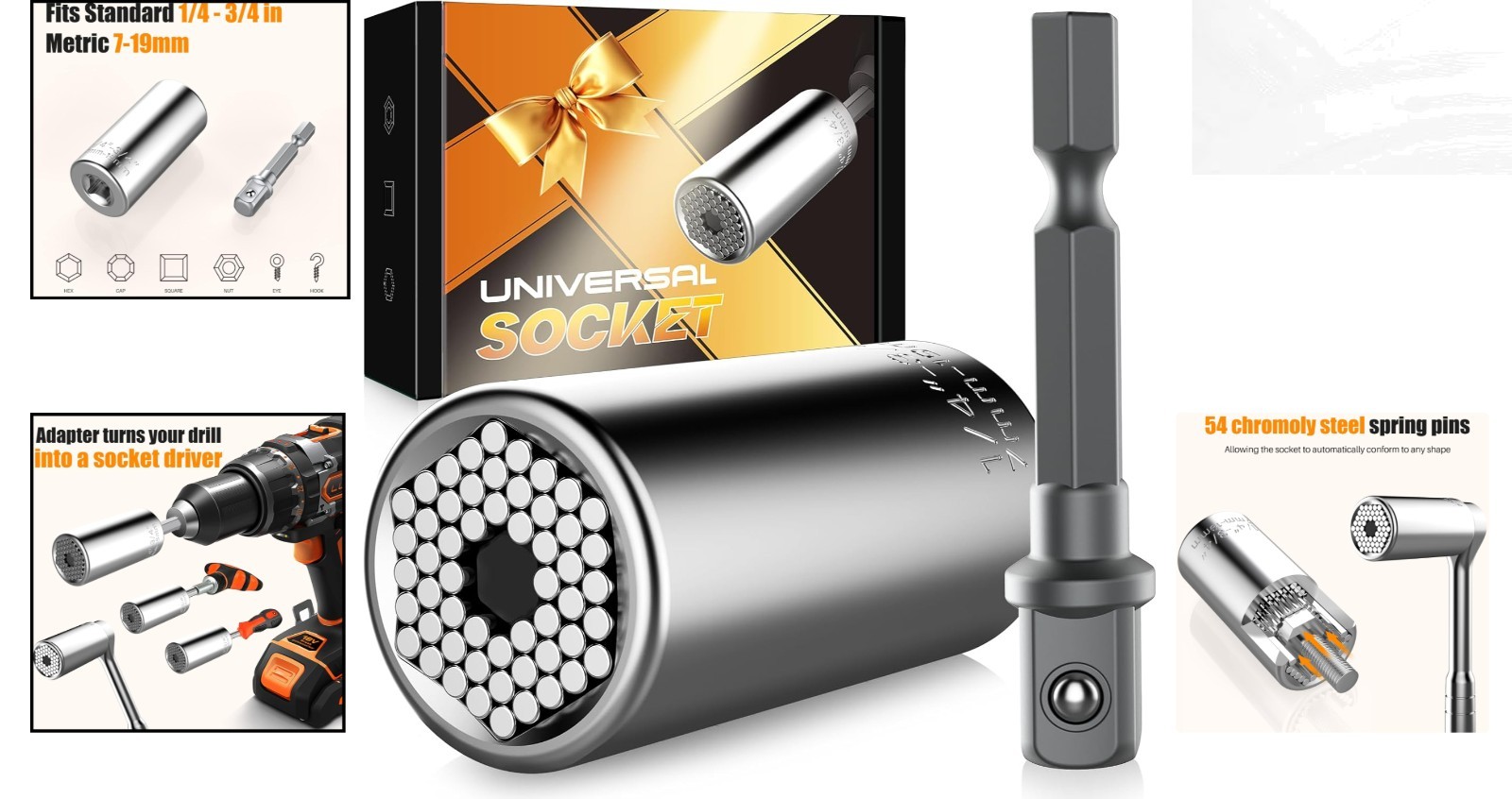 Professional Universal Socket Gifts – 7mm-19mm Tool Set with Power Drill Adapter