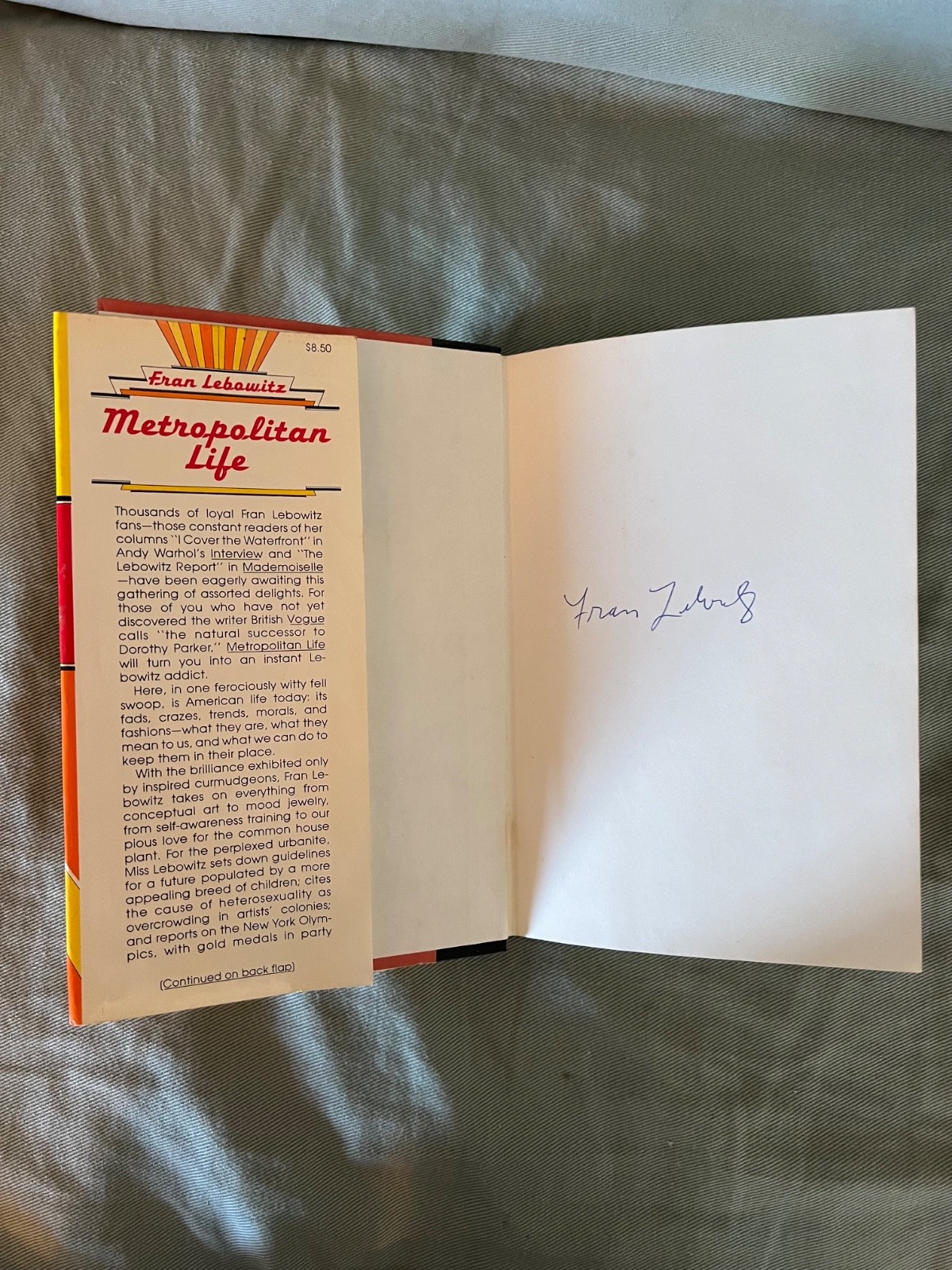 SIGNED copy METROPOLITAN LIFE Fran Lebowitz 1st 1978 ed 3d printing HC DJ