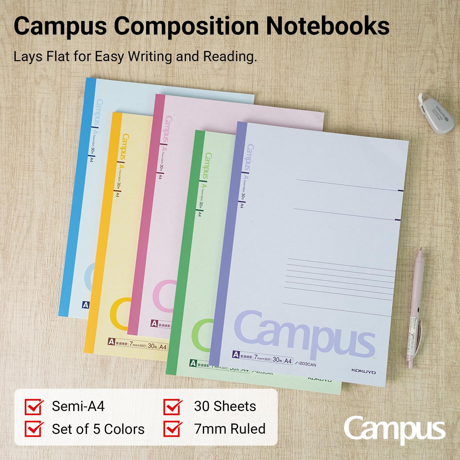 Campus Notebook, A 7mm(0.28in) Ruled, A4, 30 Sheets, 35 Lines, Pack of 5, 5 C…