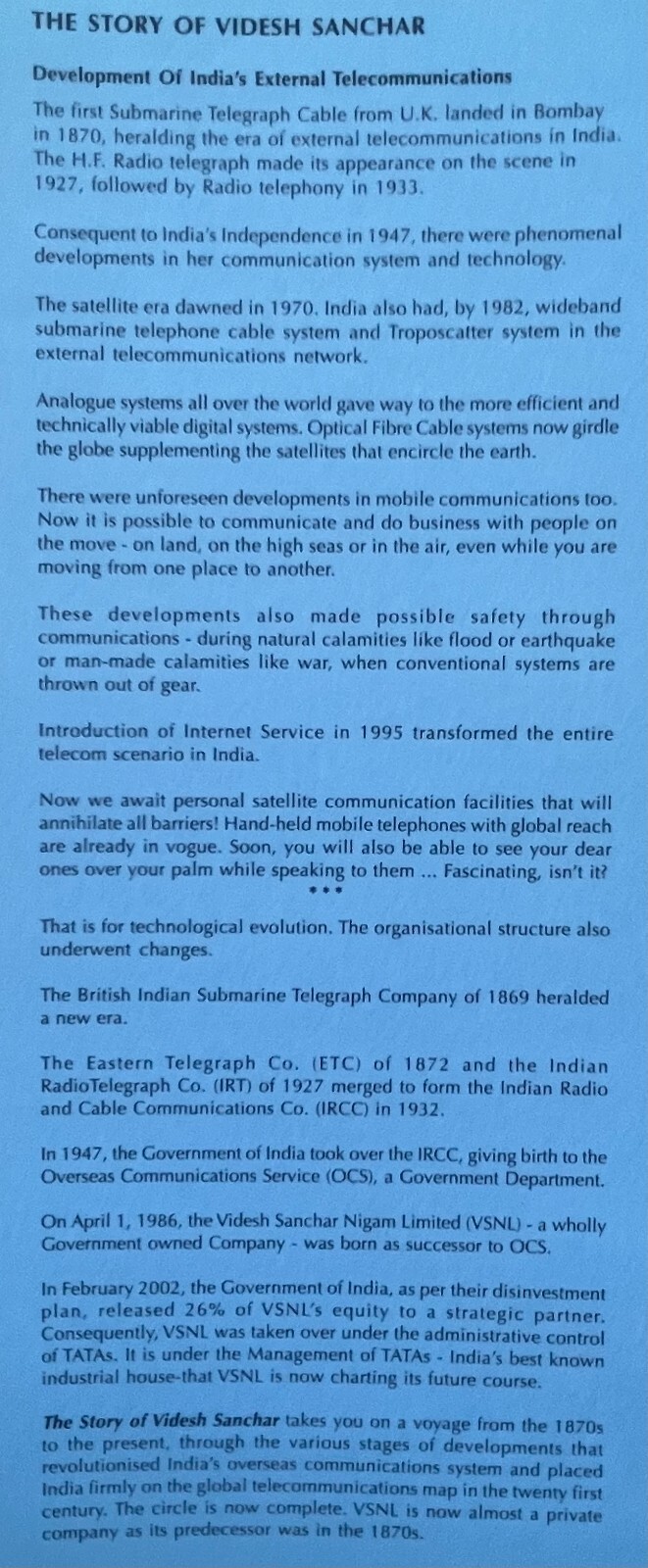 Indian Technology History – Internet Telecommunications The Videsh Sanchar Story