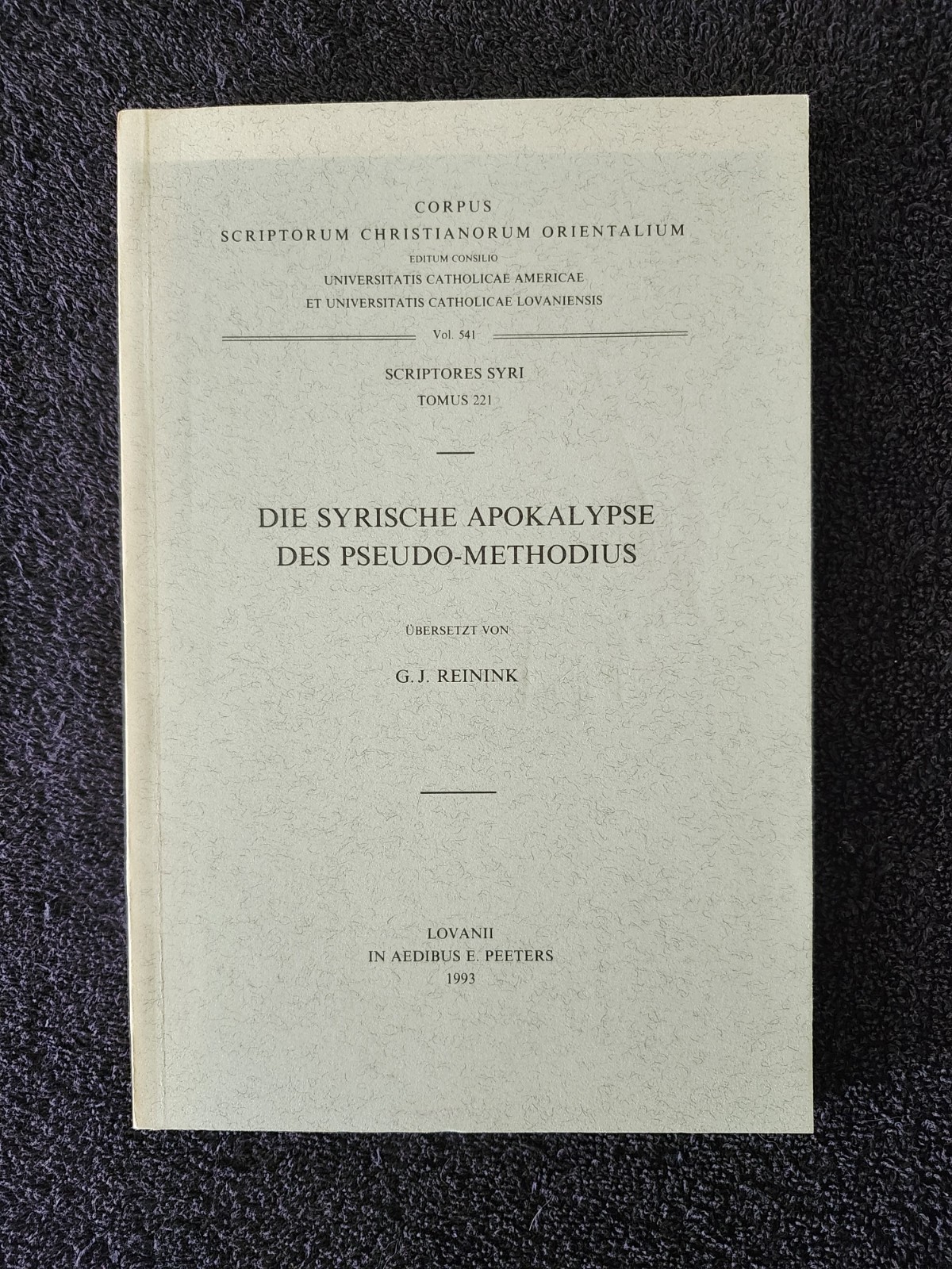 Die Syrische Apokalypse Pseudo-Methodius CSCO 541 Syriac Studies Reinik 1993 1st