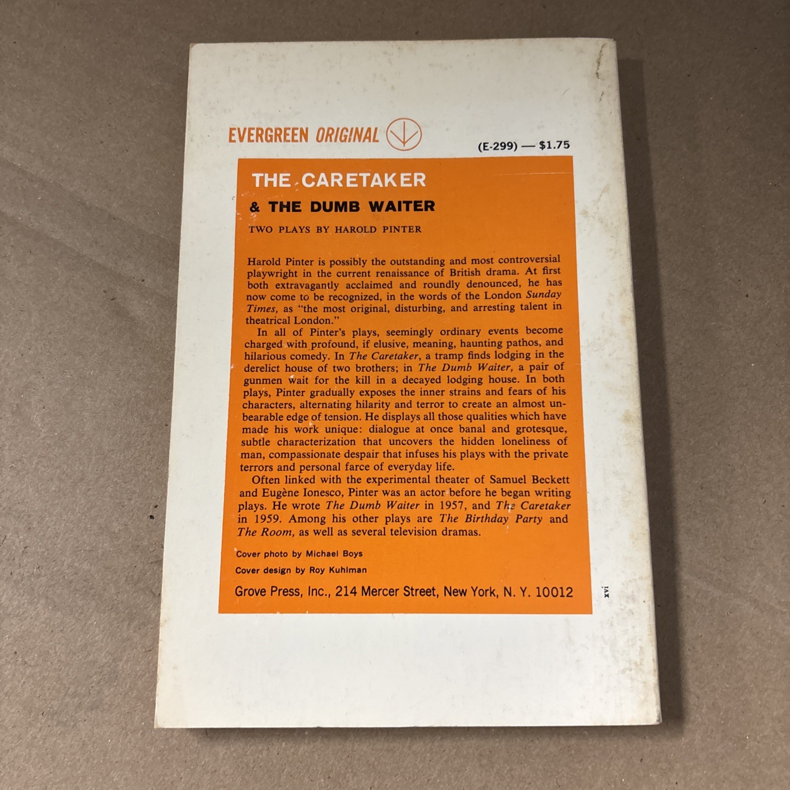 Harold Pinter The Caretaker and The Dumb Waiter Grove Press 1965 Evergreen PB